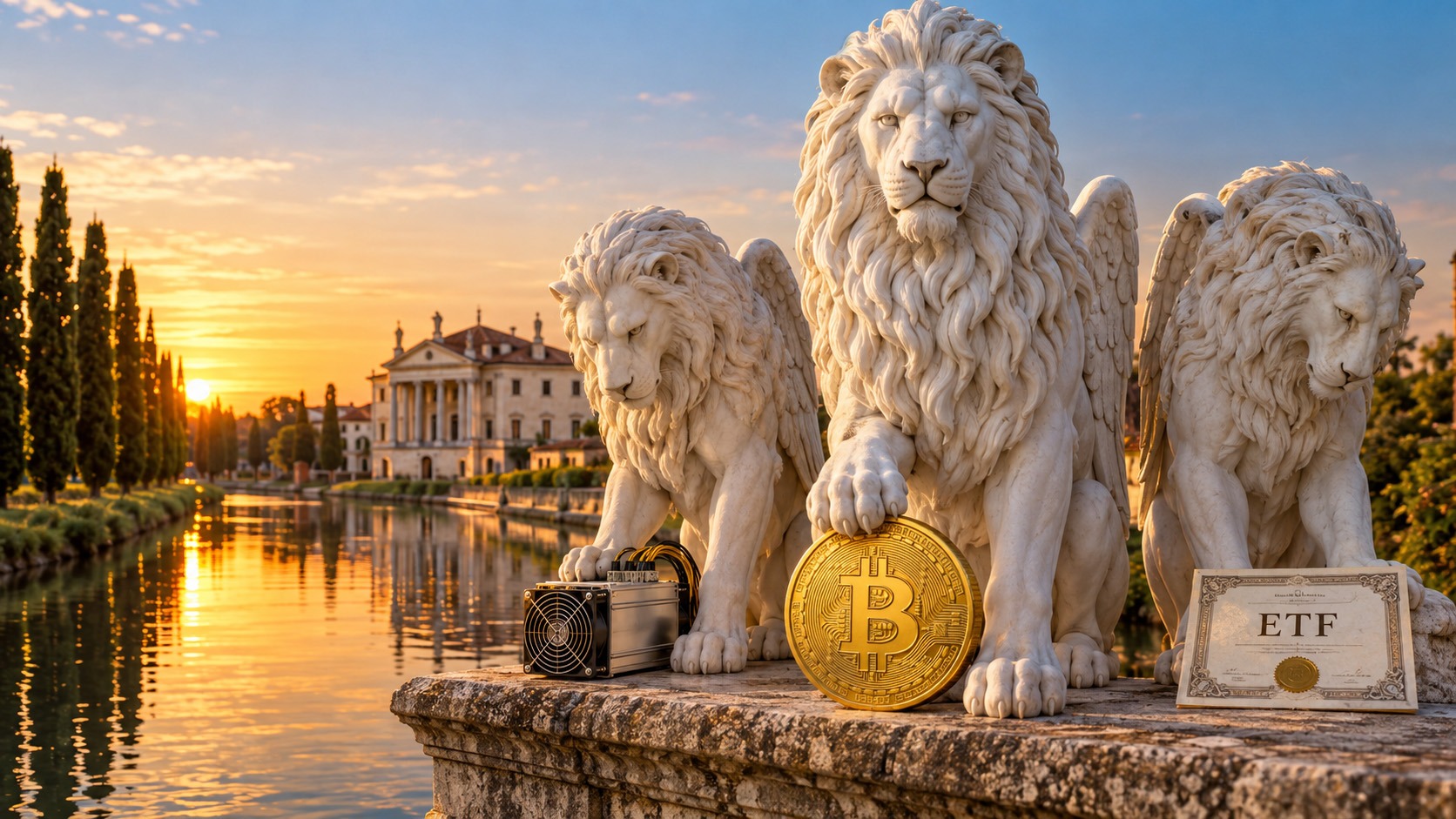 img-leoni-mining-etf Tre leoni alati marmo bianco con moneta Bitcoin, miner ASIC e certificato ETF, simbolo strategie di allocazione capitale
