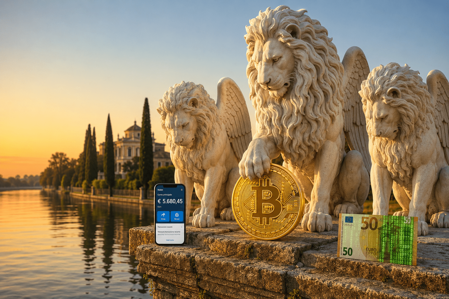 img-sovranita-monetaria-bitcoin-euro-digitale Tre leoni alati statua marmo con moneta Bitcoin dorata e wallet digitale euro, simbolo sovranità monetaria