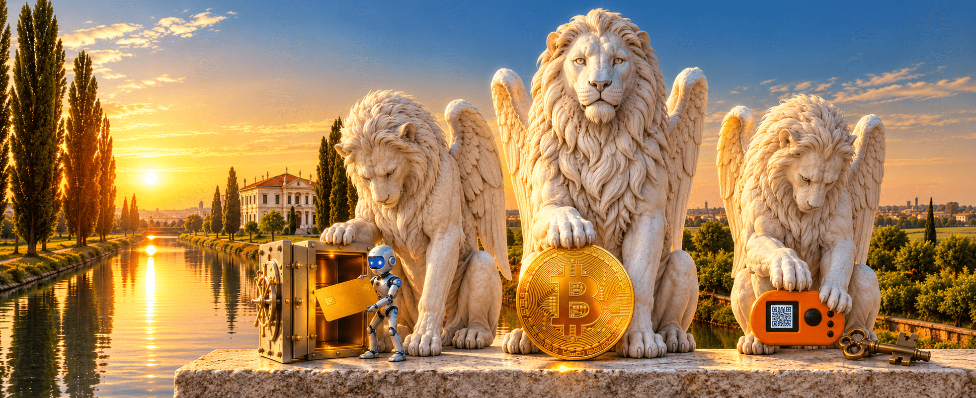 Tre leoni alati di San Marco in marmo bianco con moneta bitcoin, robot AI che preleva una carta da un caveau e SeedSigner arancione
