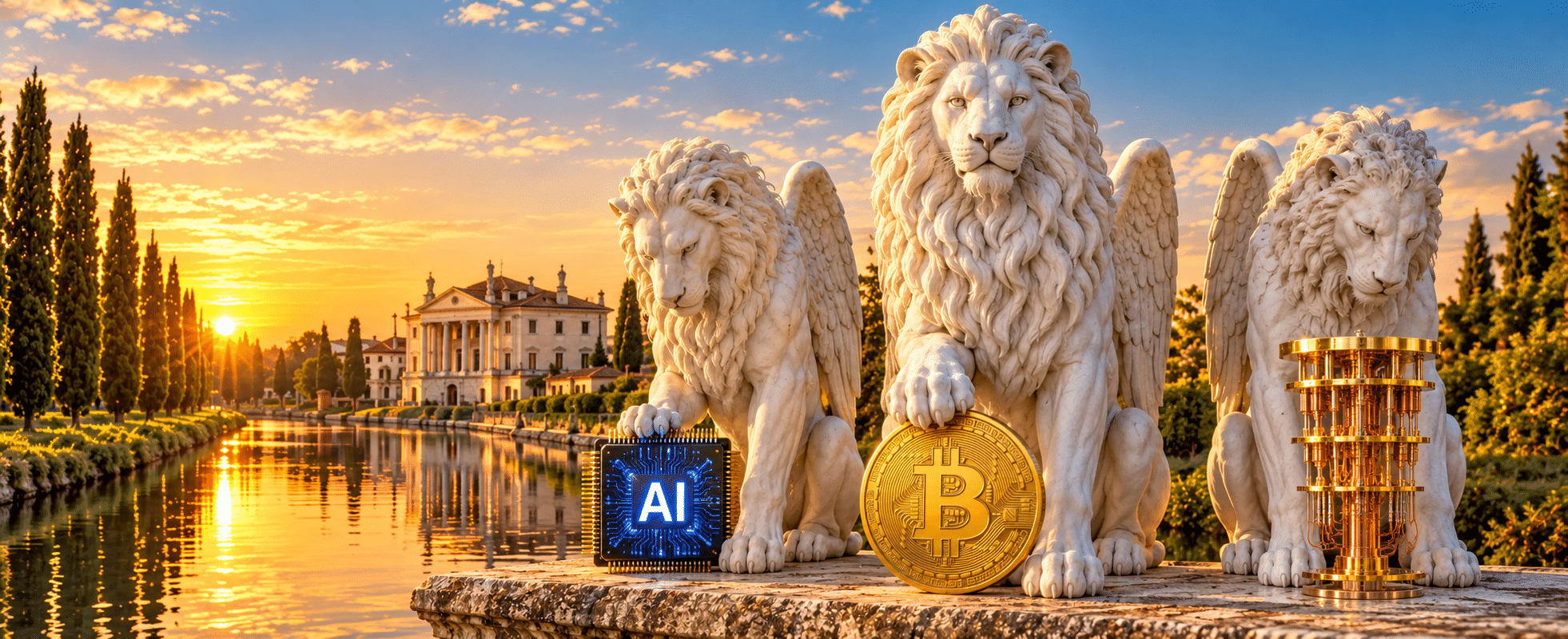 Bitcoin, AI e quantum computing Tre leoni alati di San Marco in marmo bianco con moneta bitcoin, chip AI e computer quantistico su un canale veneto al tramonto
