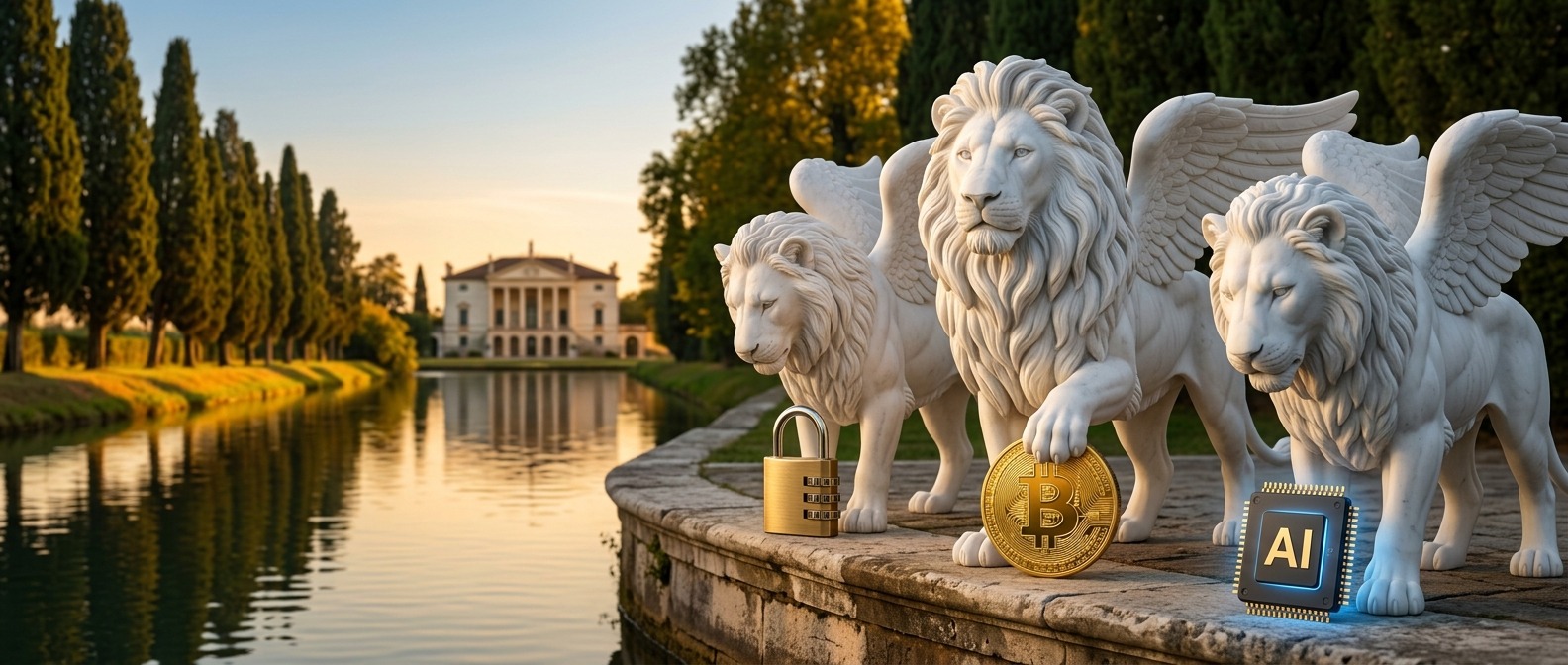 chiave-pubblica-bitcoin-intelligenza-artificiale Chiave pubblica Bitcoin e intelligenza artificiale - leoni alati di San Marco con moneta Bitcoin, lucchetto e chip AI, villa palladiana Veneto al tramonto